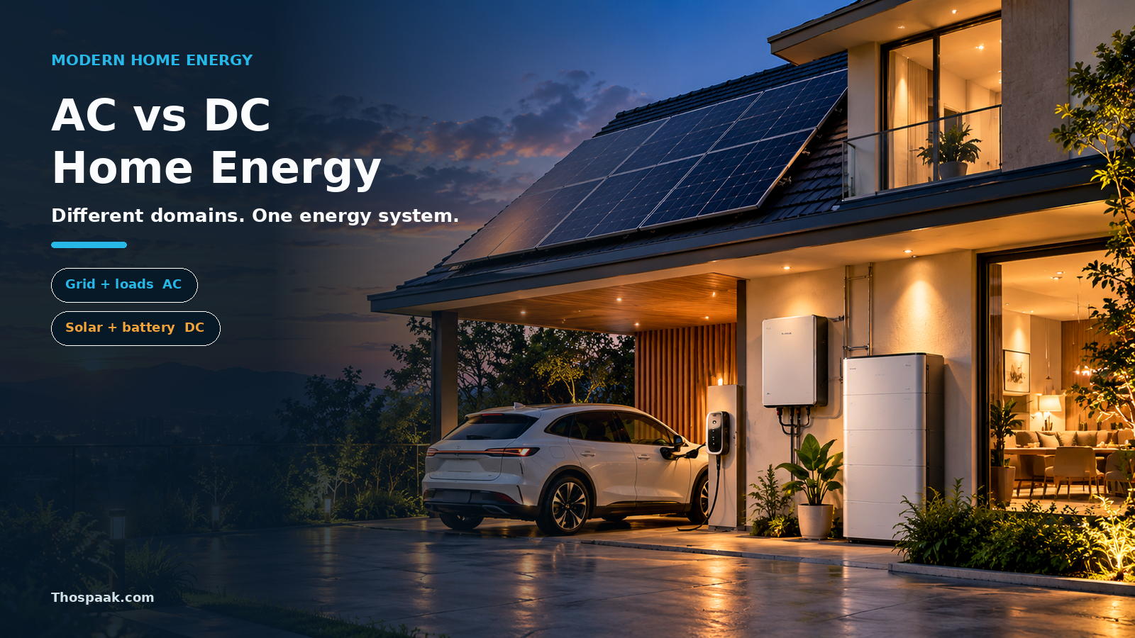 ภาพบ้านสมัยใหม่ที่มี Solar rooftop, inverter, battery และ EV charger สื่อถึงระบบพลังงานที่มีทั้ง AC และ DC