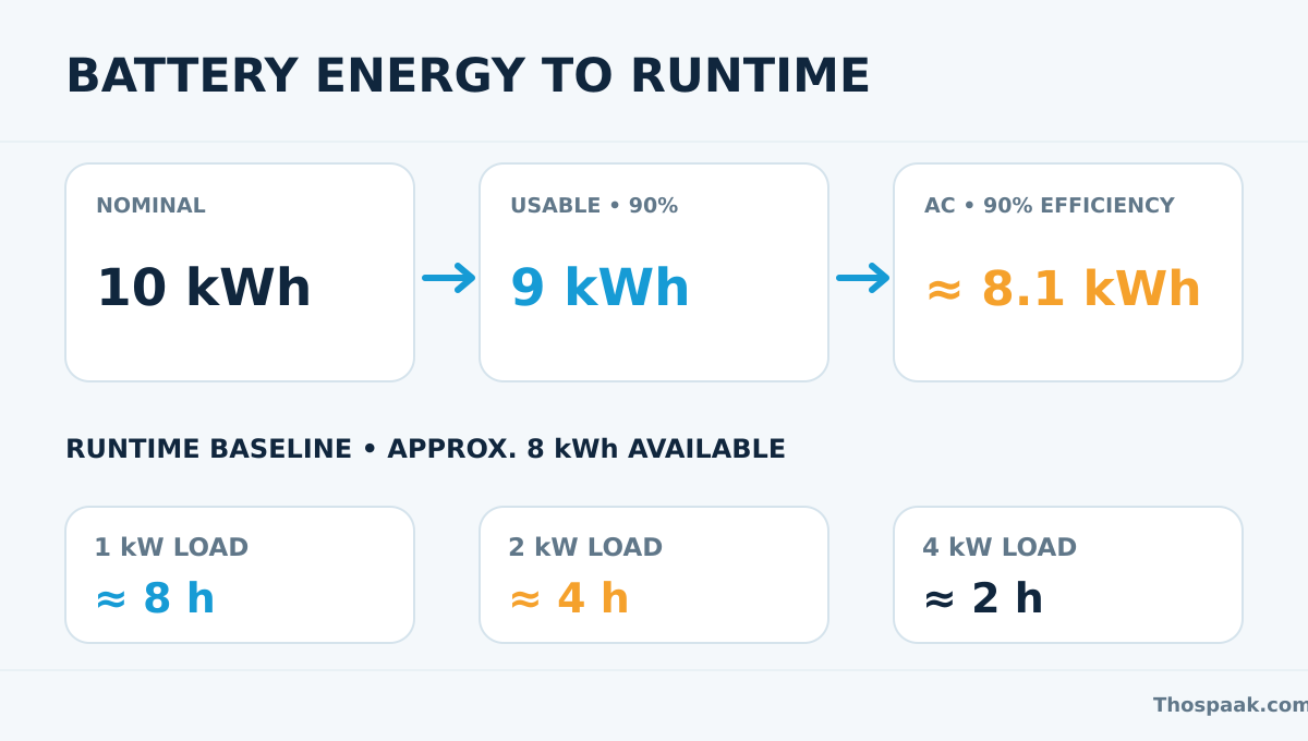 แผนภาพคำนวณแบตเตอรี่ 10 kWh ผ่าน usable fraction 90% และ efficiency 90% เหลือพลังงาน AC ประมาณ 8.1 kWh พร้อมเทียบเวลาใช้งานที่โหลด 1, 2 และ 4 kW
