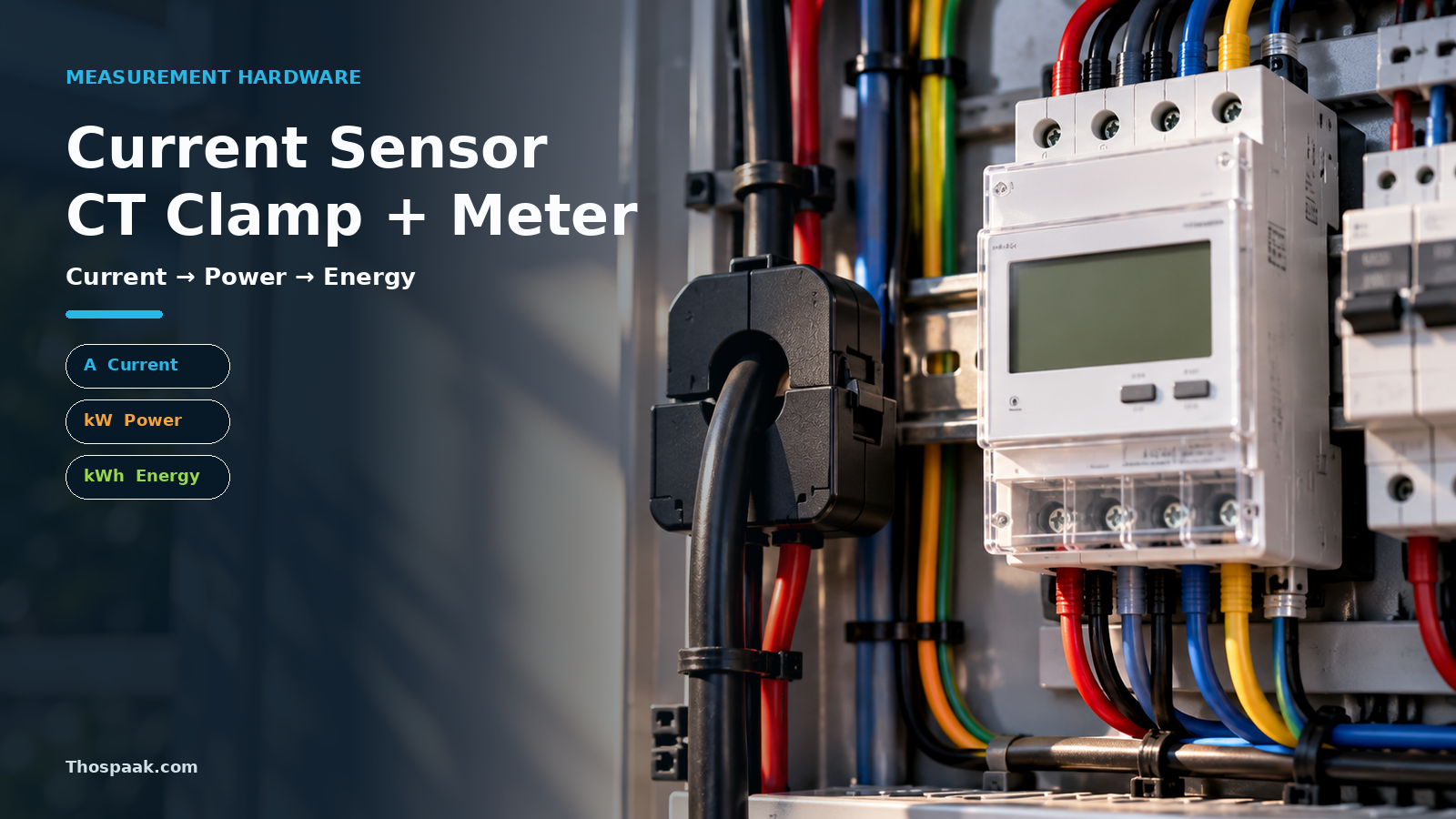 ภาพ CT clamp ครอบสายไฟในตู้ไฟ พร้อม energy meter แบบ DIN rail สำหรับการวัดกระแสและพลังงาน
