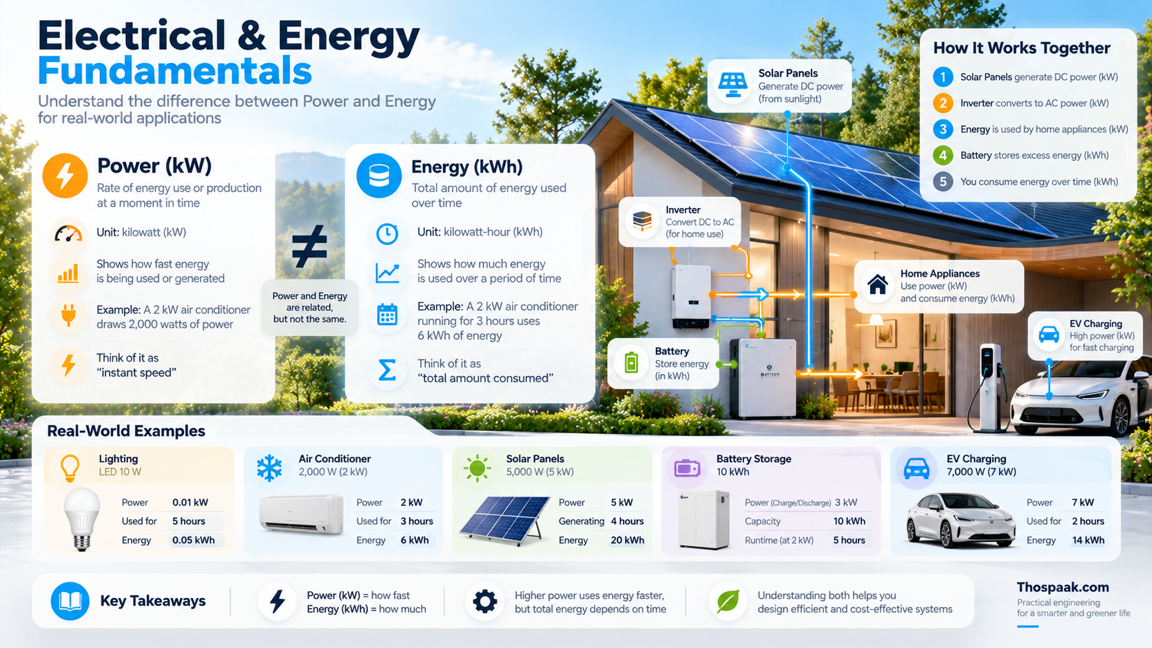 ภาพอธิบายพื้นฐานไฟฟ้าและพลังงานของบ้านยุคใหม่ แสดง Solar Rooftop, Inverter, Battery/ESS, เครื่องใช้ไฟฟ้า และ EV Charger พร้อมเปรียบเทียบ Power หน่วย kW กับ Energy หน่วย kWh