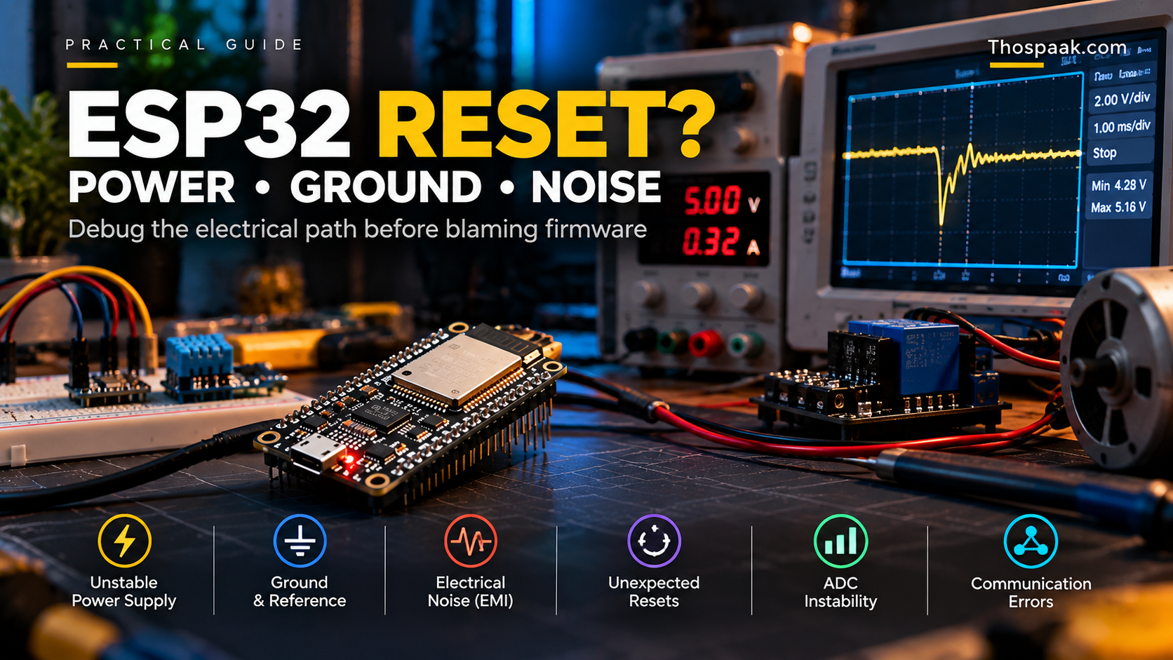 ภาพโต๊ะงาน Embedded แสดง ESP32 ร่วมกับแหล่งจ่ายไฟ ออสซิลโลสโคป Relay และ Motor เพื่อสื่อปัญหา Power Supply, Ground, Noise และ Brownout