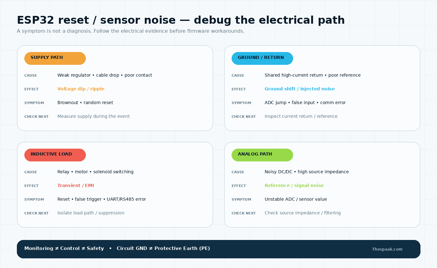 แผนภาพวิเคราะห์ ESP32 reset และ sensor noise จาก supply path, ground return, inductive load และ analog path โดยเชื่อมสาเหตุ ผลทางไฟฟ้า อาการ และสิ่งที่ควรตรวจต่อ
