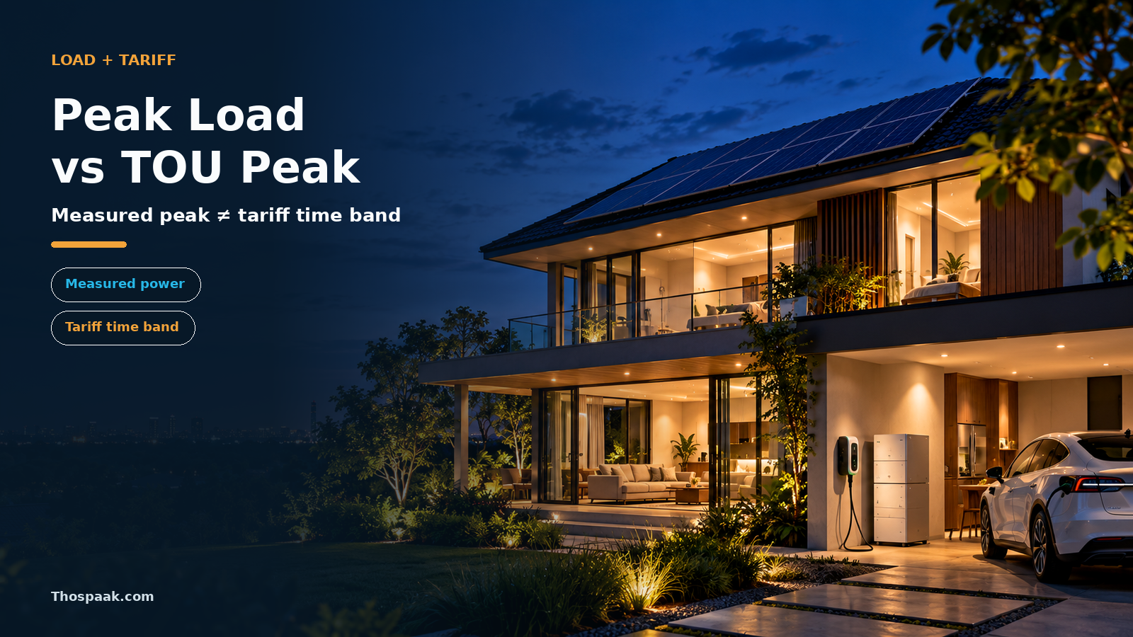 ภาพบ้านสมัยใหม่ยามค่ำที่มี Solar, EV charger และระบบกักเก็บพลังงาน สื่อถึงโหลดบ้านที่เปลี่ยนตามช่วงเวลา