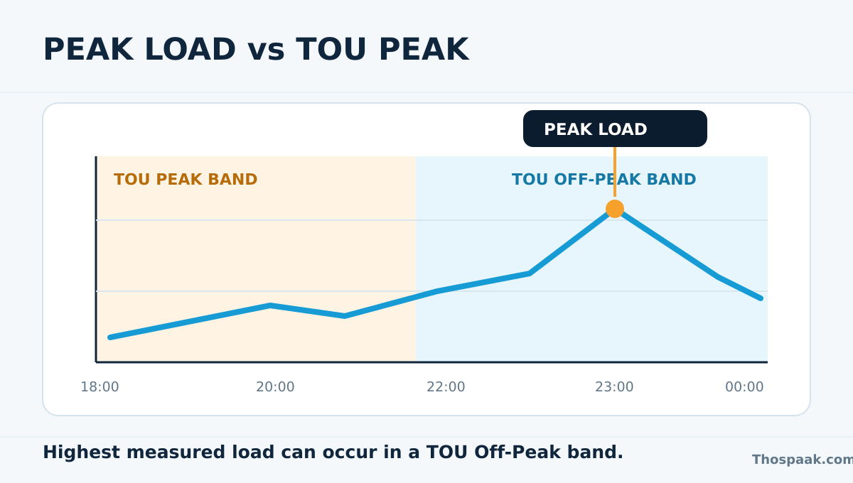 กราฟตัวอย่างที่แยกช่วงเวลา TOU Peak และ Off-Peak ออกจากเส้น Load Profile พร้อมแสดงจุด Peak Load ที่เกิดในช่วง Off-Peak