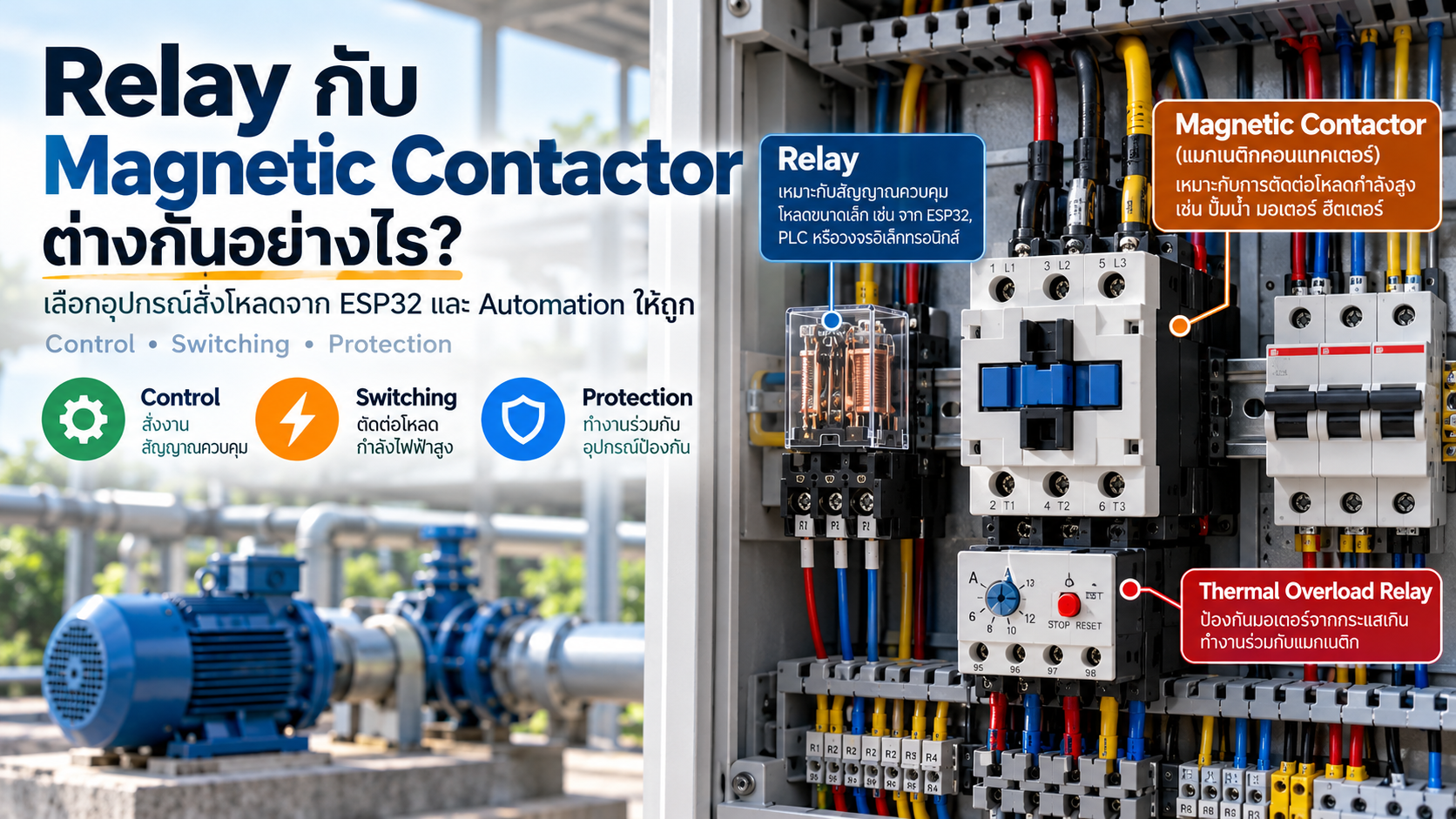 ภาพเปรียบเทียบ Relay กับ Magnetic Contactor ในตู้คอนโทรลแบบที่ใช้กับ Motor และ Pump พร้อม Thermal Overload Relay และอุปกรณ์ป้องกัน