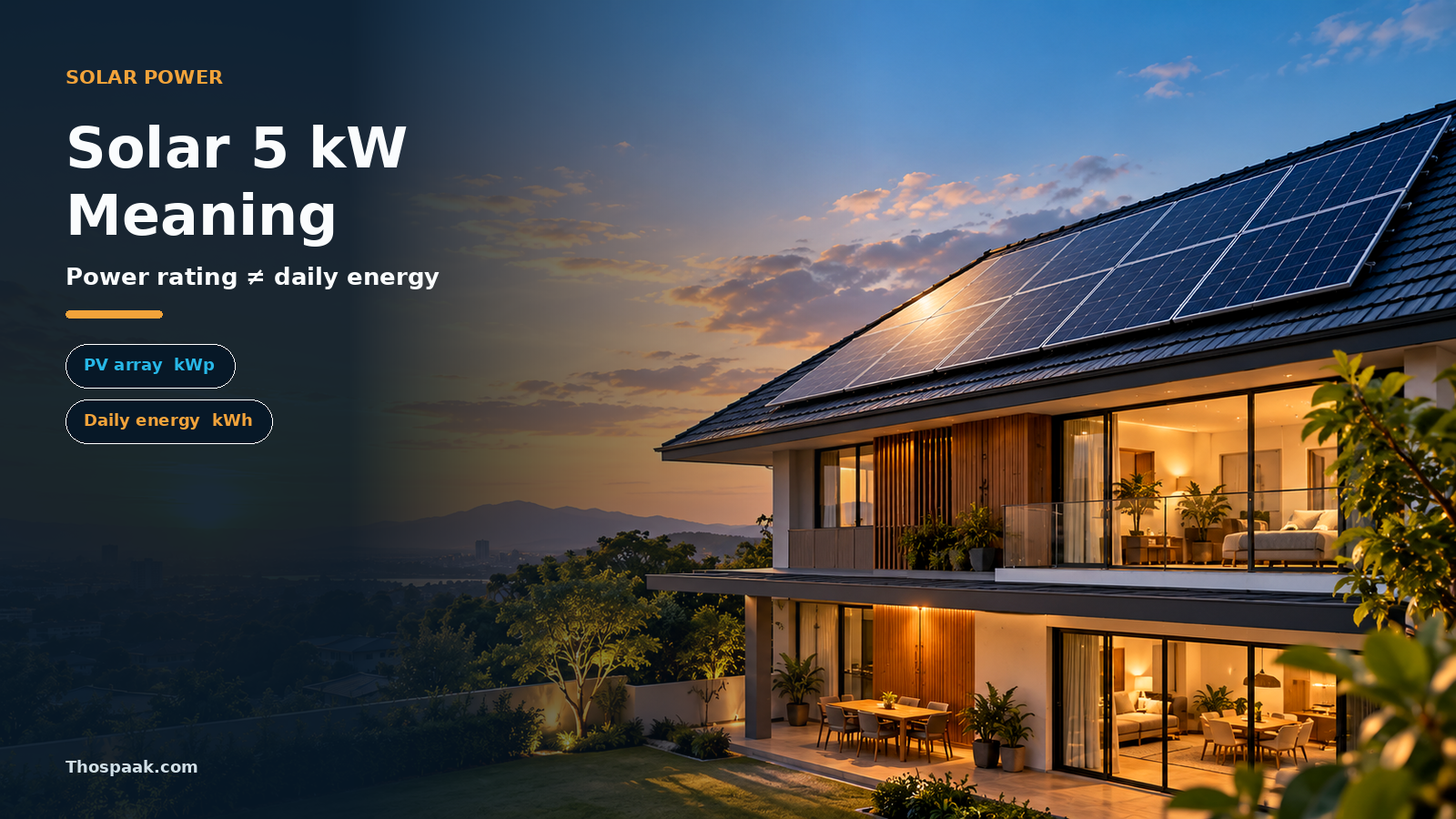 ภาพบ้านติด Solar rooftop ยามพระอาทิตย์ตก สื่อถึงกำลังของระบบ Solar ที่เปลี่ยนตามเวลาและพลังงานสะสมรายวัน