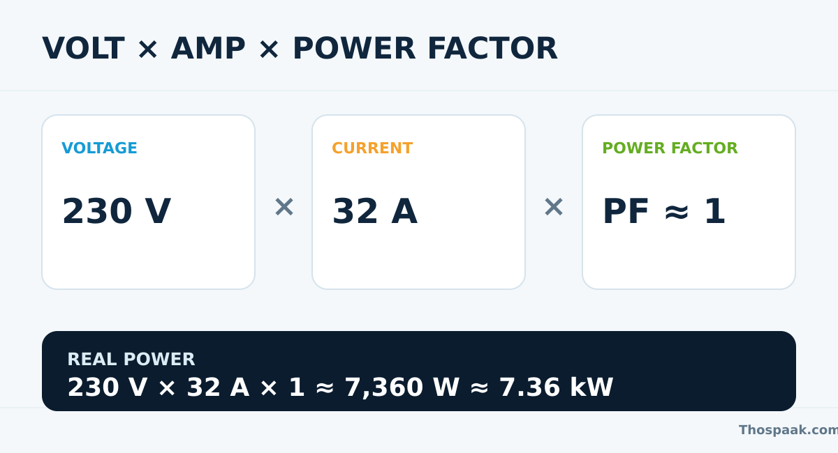 แผนภาพตัวอย่าง 230 V คูณ 32 A คูณ Power Factor ประมาณ 1 ได้กำลังจริงประมาณ 7.36 kW