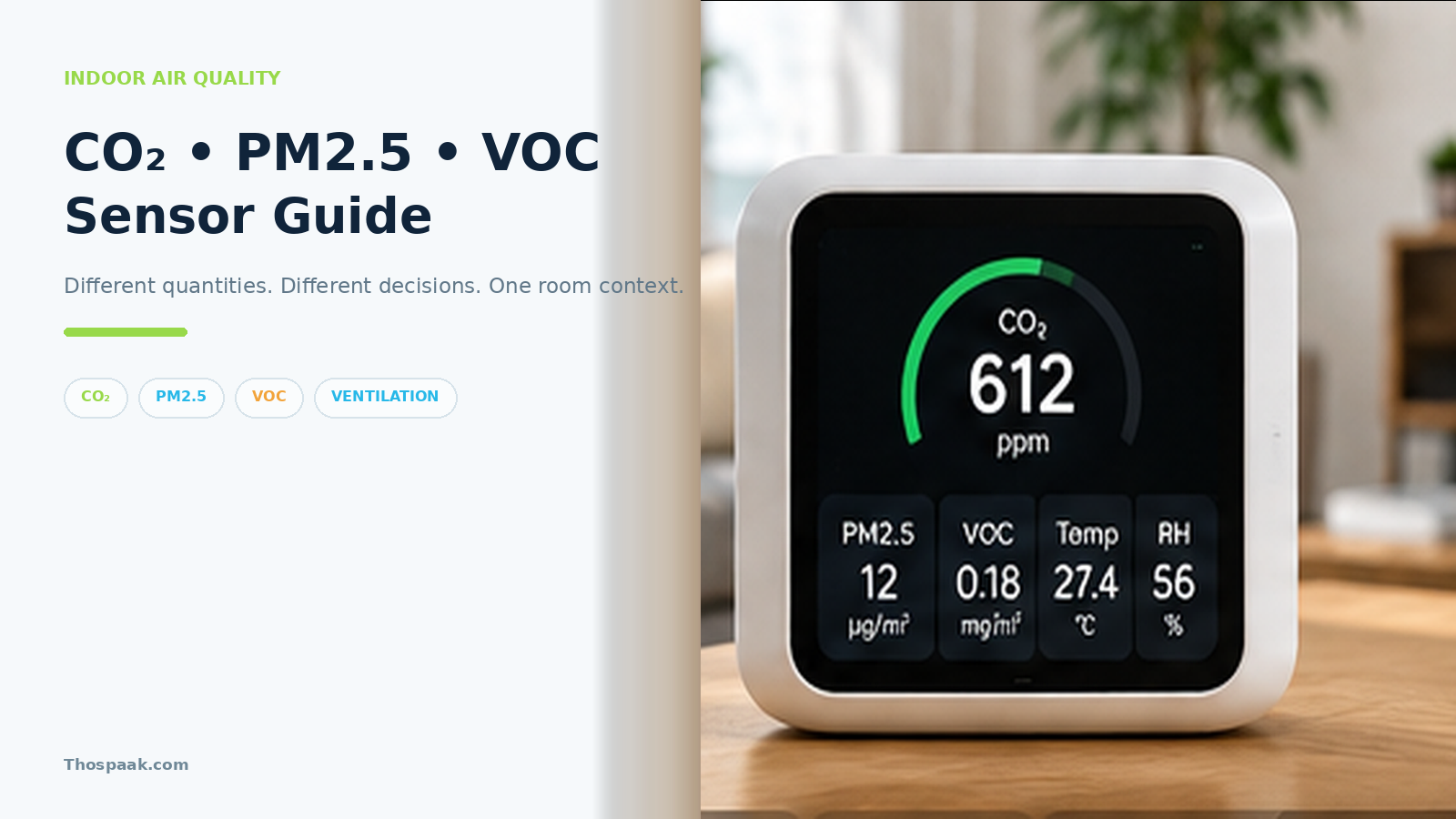 ภาพ Air Quality Sensor Guide แสดง CO2, PM2.5 และ VOC เป็นคนละ measurement พร้อมบริบทการใช้ข้อมูลกับ Indoor Air Quality และ Ventilation