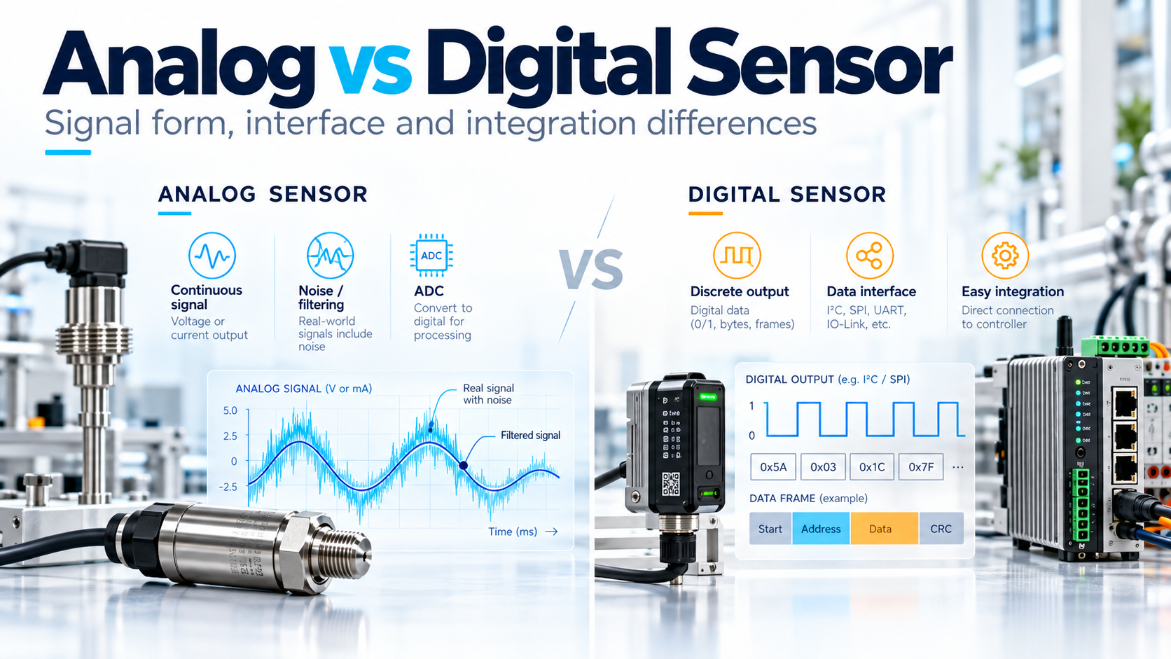 ภาพเปรียบเทียบ Analog Sensor กับ Digital Sensor แสดง continuous signal, ADC, digital interface และการเชื่อมต่อกับ Controller/Gateway