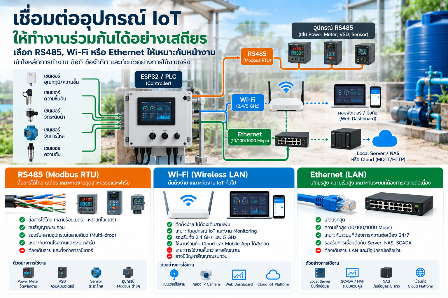 ภาพ Embedded Connectivity & IoT Integration แสดง Controller/Gateway เชื่อม Sensor และอุปกรณ์ภาคสนามผ่าน RS485, Wi-Fi และ Ethernet ไปยังระบบ Local/Cloud และ Dashboard