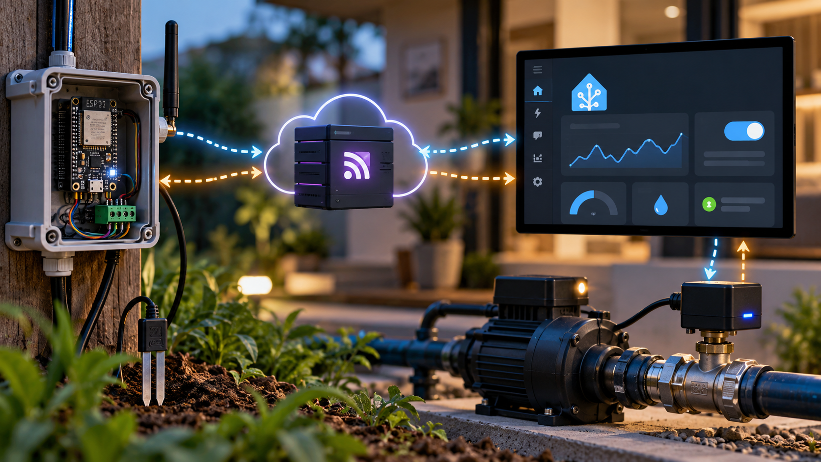 ภาพ ESP32 + MQTT + Home Assistant สำหรับระบบน้ำอัจฉริยะ แสดง ESP32 ภาคสนามส่งข้อมูลผ่าน MQTT Broker ไปยัง Home Assistant และ Dashboard พร้อม Pump, Valve และ Sensor ในระบบจริง