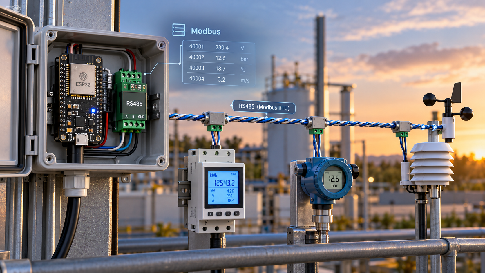 ภาพ ESP32 + RS485/Modbus ในระบบภาคสนาม แสดง RS485 transceiver ต่อ twisted-pair bus ไปยัง Energy Meter, Pressure Sensor และ Weather Sensor พร้อมตัวอย่าง register data