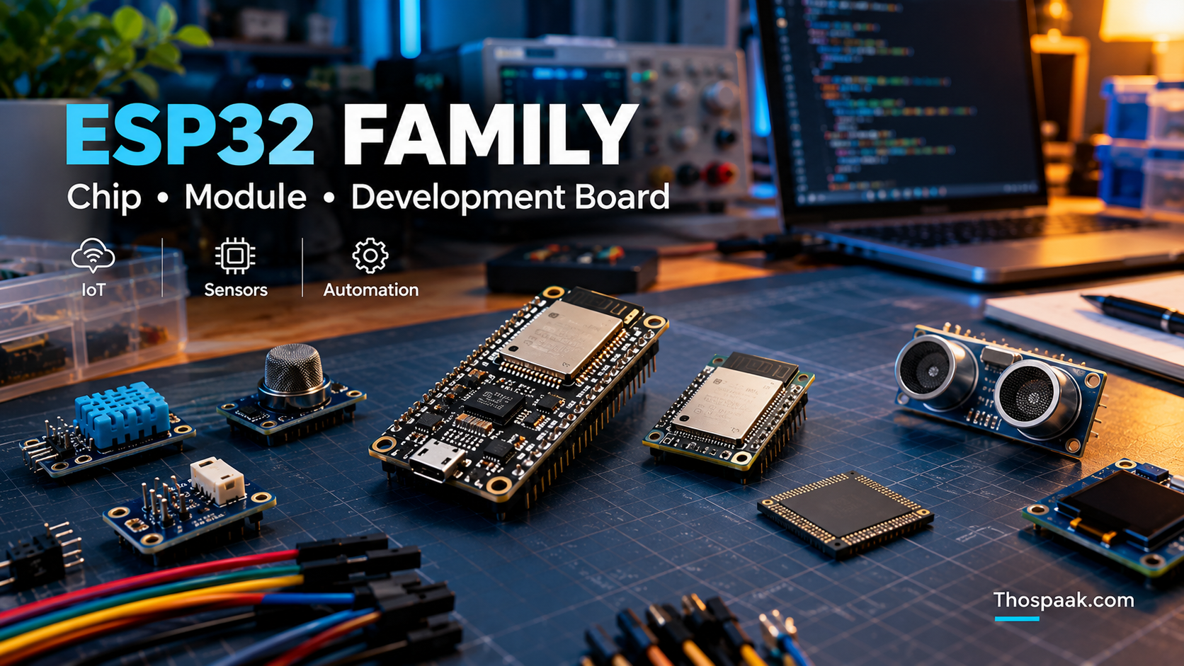 ภาพโต๊ะงาน Embedded ที่แสดง ESP32 ในระดับ Chip, Module และ Development Board พร้อม Sensor สำหรับงาน IoT และ Automation