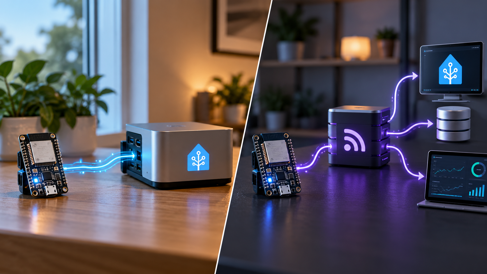 ภาพเปรียบเทียบ ESPHome Native API กับ MQTT แสดง ESP32 เชื่อม Home Assistant โดยตรง เทียบกับการส่งผ่าน MQTT Broker ไปยัง Home Assistant ฐานข้อมูล และ Dashboard หลายปลายทาง
