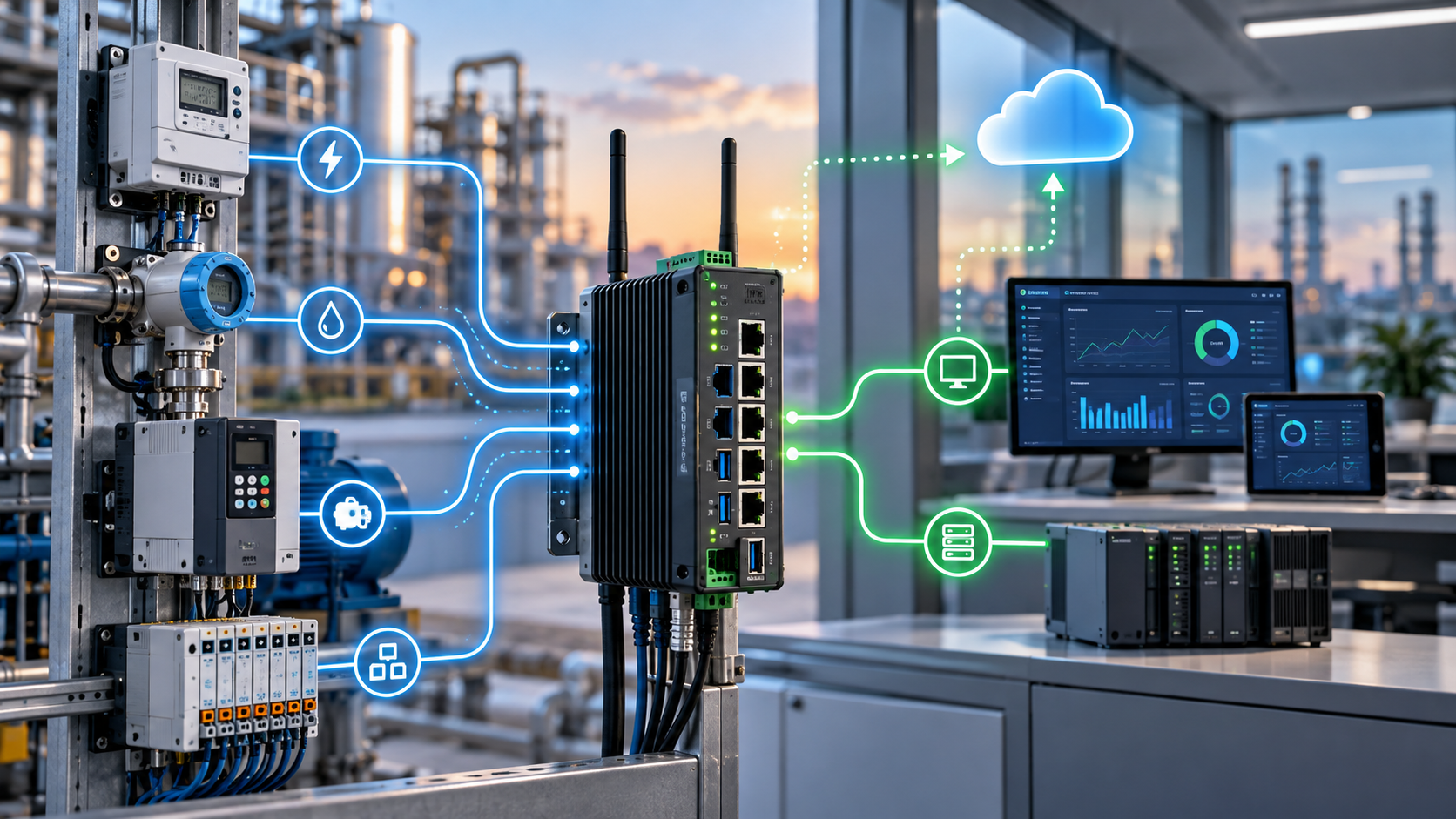 ภาพ IoT Gateway / Edge Controller ในระบบอุตสาหกรรม รับข้อมูลจาก Meter, Sensor, VFD และ Remote I/O แล้วเชื่อมต่อไปยัง Dashboard, Local Server และ Cloud อย่างเป็นศูนย์กลาง