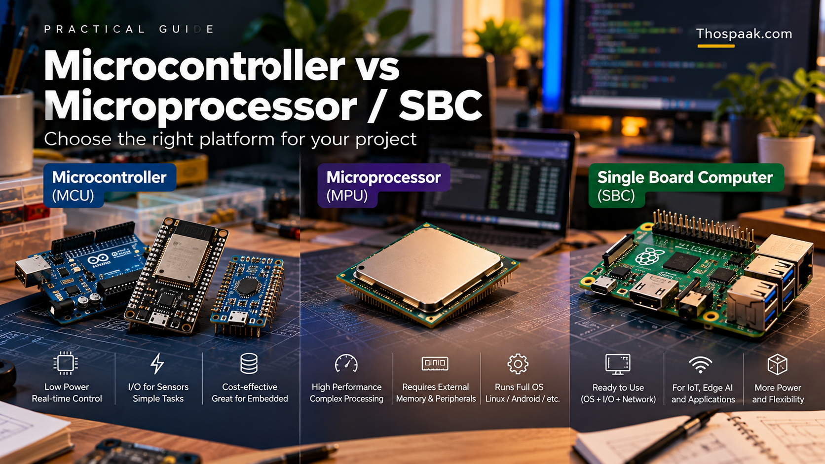 ภาพเปรียบเทียบ Microcontroller, Microprocessor และ Single-Board Computer บนโต๊ะงาน Embedded เพื่อช่วยเลือกแพลตฟอร์มให้เหมาะกับงาน