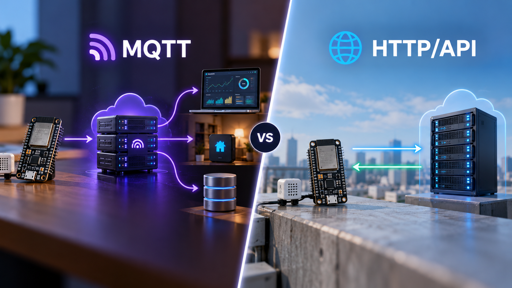 ภาพเปรียบเทียบ MQTT กับ HTTP/API แบบแบ่งสองฝั่ง แสดง ESP32 ส่งข้อมูลผ่าน MQTT Broker ไปยังหลายระบบ เทียบกับการสื่อสารแบบ Request/Response ไปยัง API Server