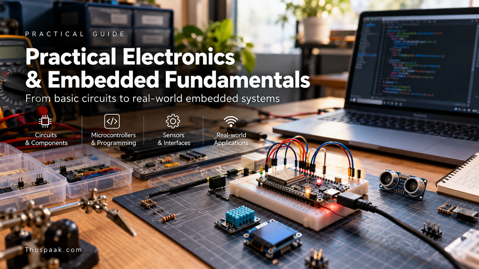 ภาพโต๊ะทดลอง Embedded ที่มีบอร์ดไมโครคอนโทรลเลอร์ Sensor และเครื่องมือวัด พร้อมลำดับ Power, Logic, Interface และ Control