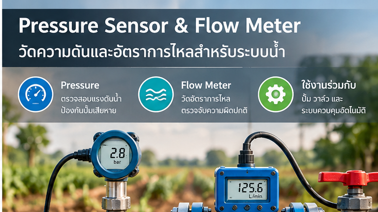 ภาพ Pressure Sensor และ Flow Meter ติดตั้งในระบบท่อน้ำ แสดงแนวคิดการวัดแรงดันและอัตราการไหลสำหรับ Pump, Valve และ Automation