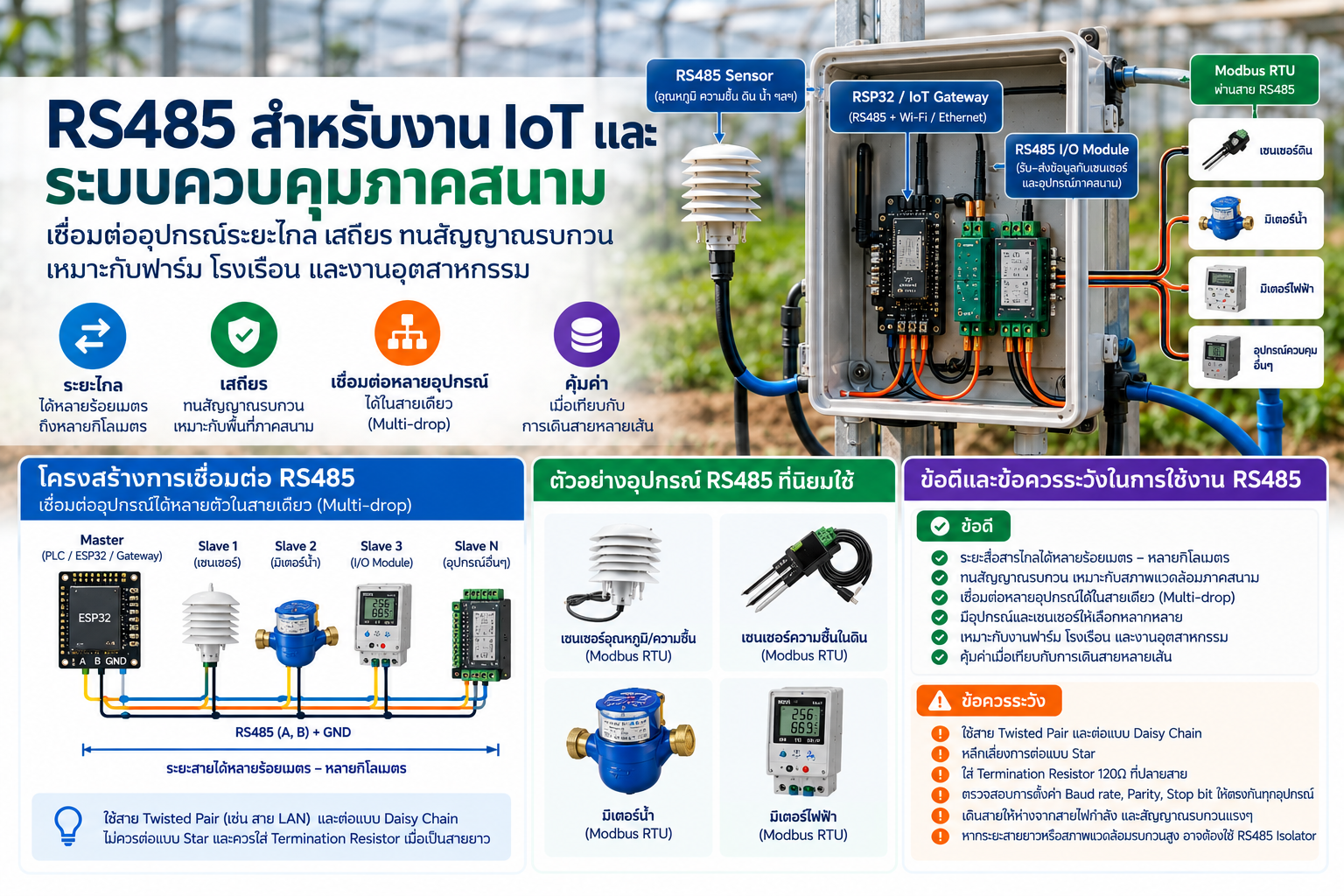 ภาพ RS485 สำหรับงาน IoT และระบบควบคุมภาคสนาม แสดง Controller/Gateway, RS485 multi-drop bus และอุปกรณ์ Meter/Sensor ที่เชื่อมต่อบนสาย bus เดียว