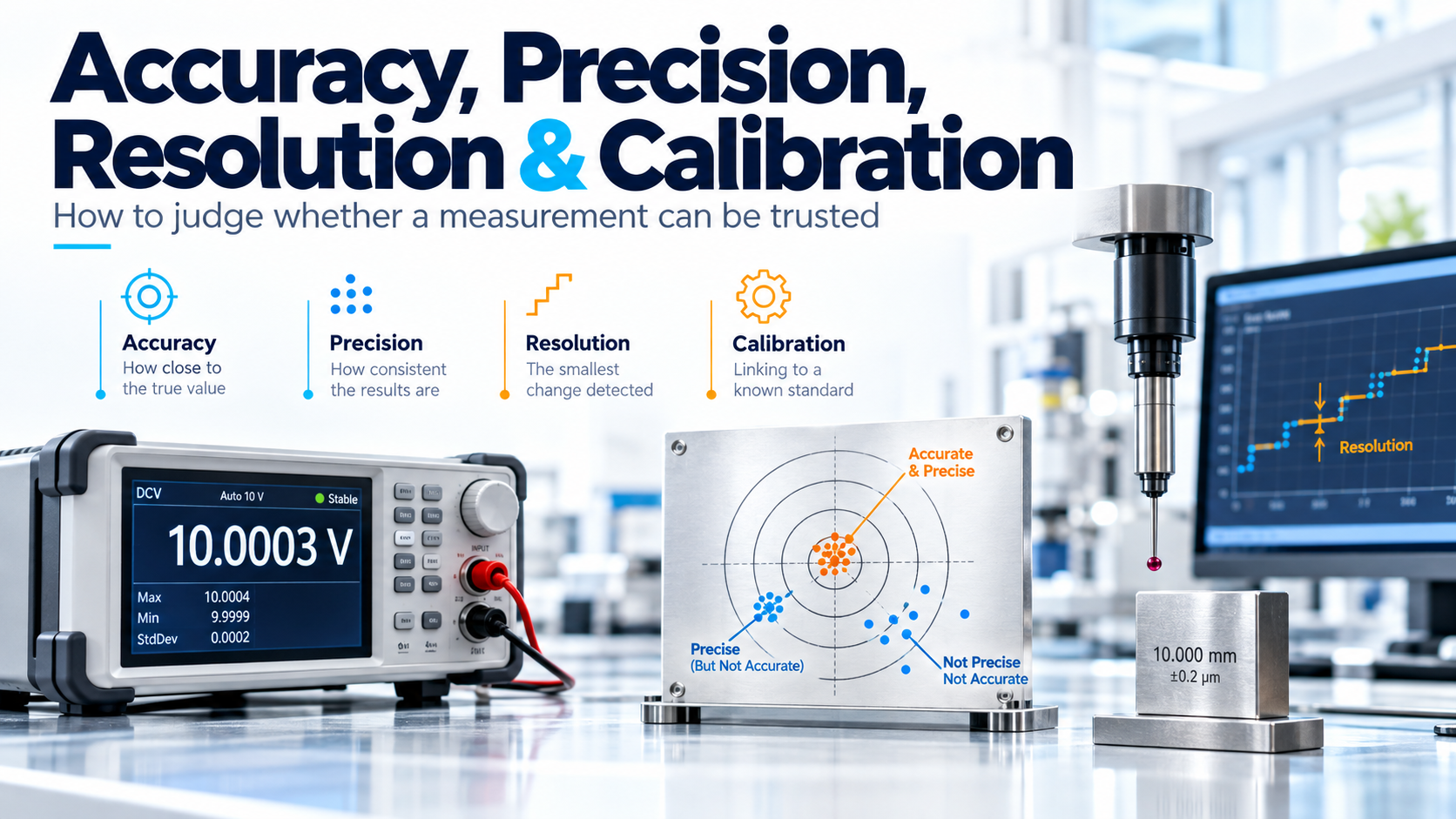 ภาพอธิบาย Accuracy, Precision, Resolution และ Calibration ด้วยเครื่องมือวัดและ reference standard เพื่อแยกความหมายของคุณภาพการวัด Sensor