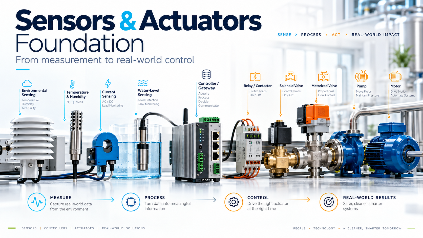 ภาพ Sensors & Actuators Foundation แสดงเส้นทางจากการวัดด้วยเซนเซอร์ ผ่าน Controller/Gateway ไปสู่ Relay, Valve, Pump และ Motor สำหรับระบบ Automation จริง