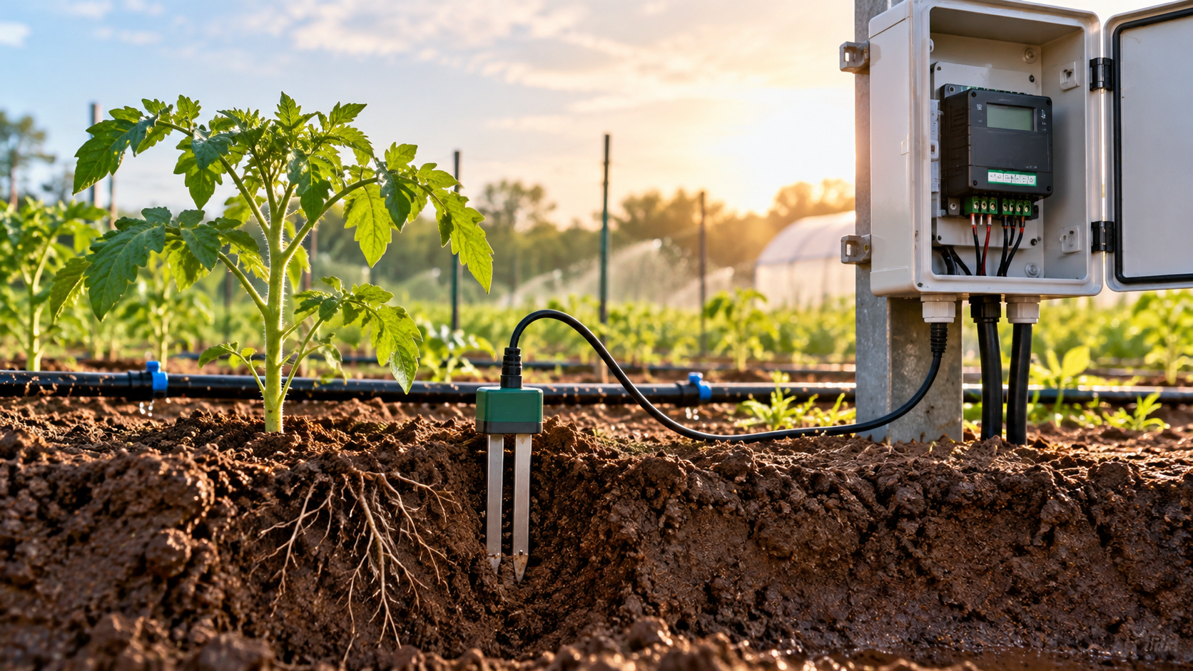 ภาพ Soil Moisture Sensor ติดตั้งใน root zone โดยสายเซนเซอร์ต่อเข้าตู้ Controller แยกจากระบบท่อน้ำหยดอย่างชัดเจน สำหรับ Smart Farm และระบบรดน้ำอัตโนมัติ