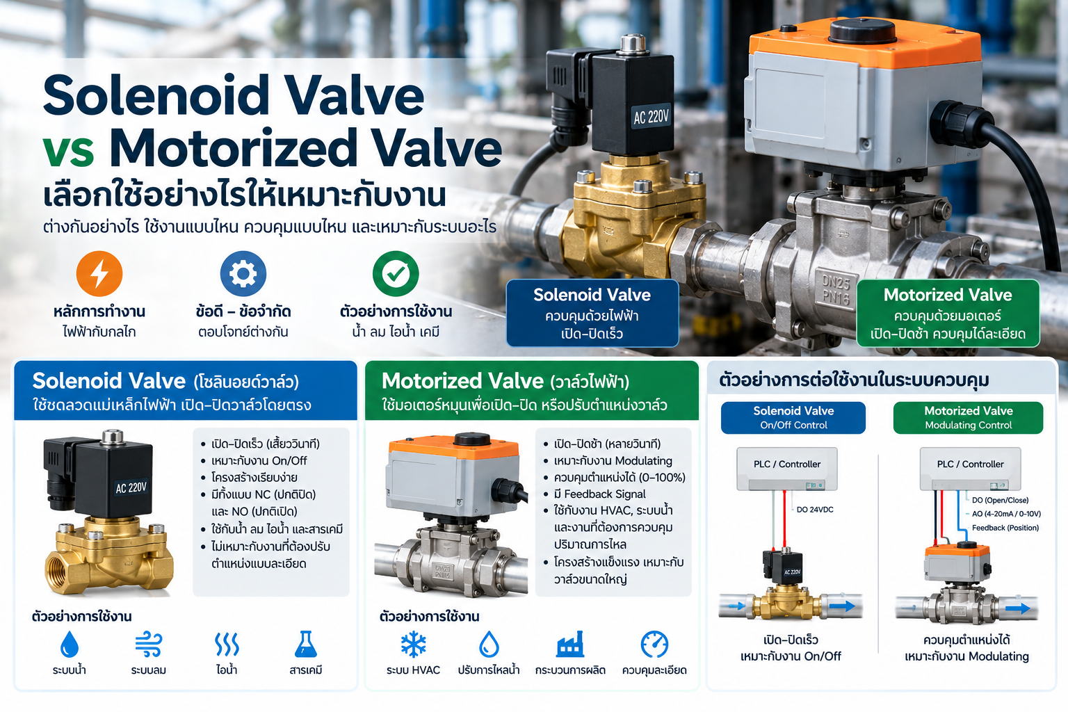 ภาพเปรียบเทียบ Solenoid Valve กับ Motorized Valve ในระบบท่อน้ำอัตโนมัติ แสดงความต่างของ coil actuator, motor actuator และบริบทการควบคุมจาก PLC/Controller