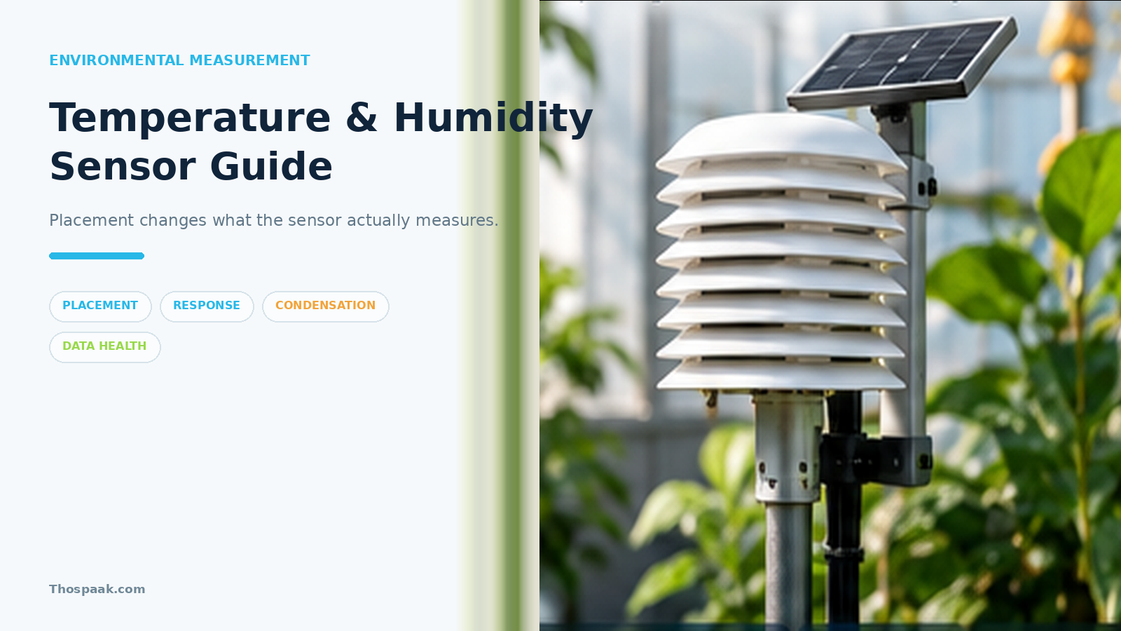 ภาพ Temperature & Humidity Sensor Guide แสดงเซ็นเซอร์วัดอุณหภูมิและความชื้นพร้อมแนวคิดเรื่องตำแหน่งติดตั้ง การตอบสนอง และสภาพแวดล้อมสำหรับ Smart Home และ Smart Farm