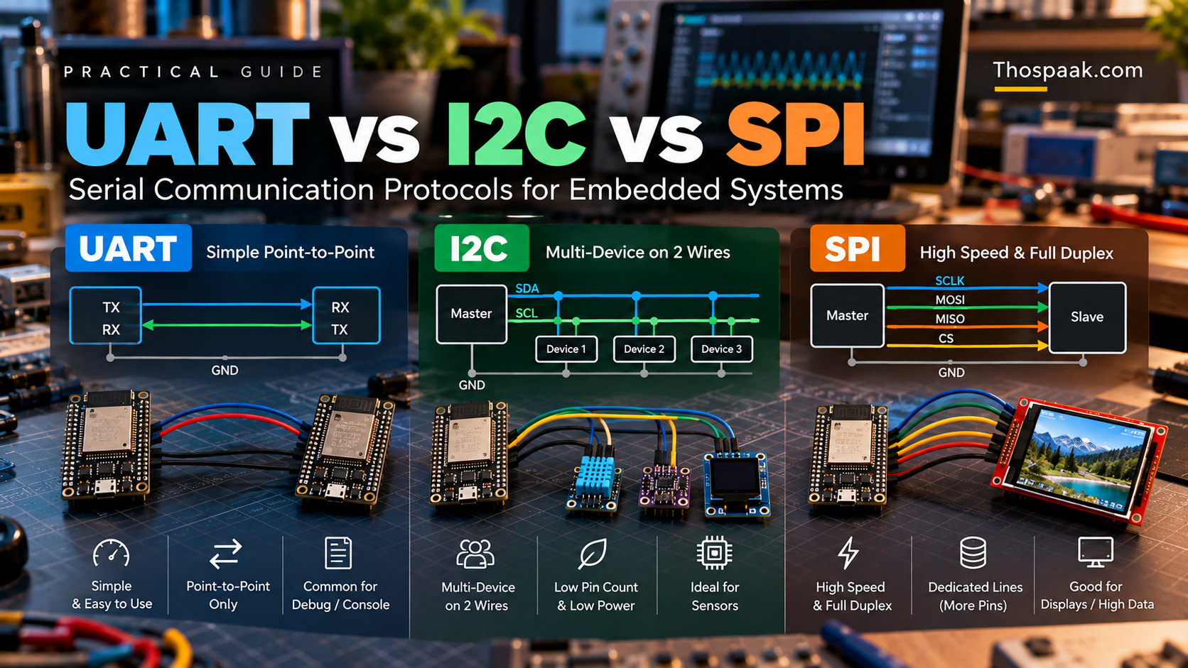 ภาพเปรียบเทียบ UART, I2C และ SPI บนโต๊ะงาน Embedded แสดง topology ของการเชื่อมต่อแต่ละแบบสำหรับ Microcontroller และ Sensor