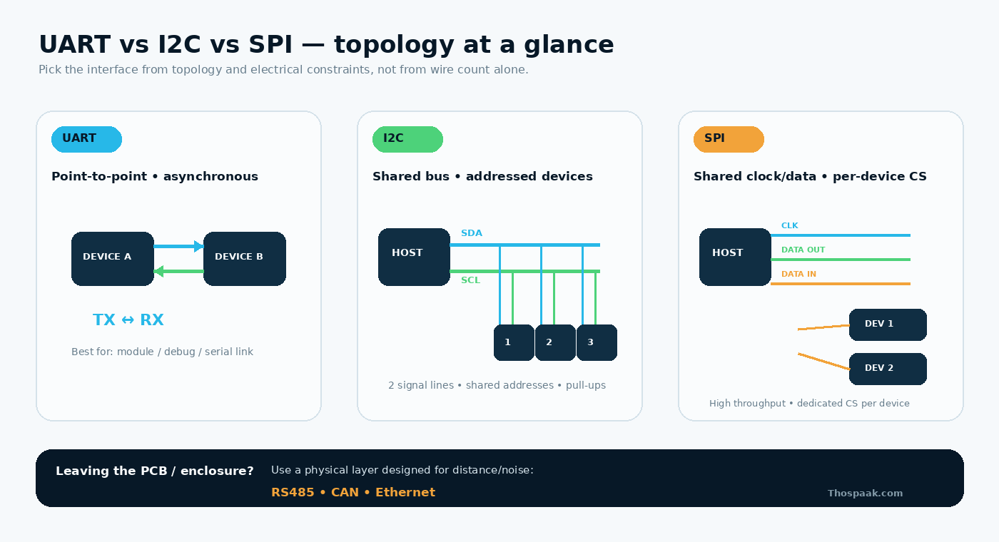แผนภาพเปรียบเทียบ topology ของ UART แบบจุดต่อจุด, I2C แบบ shared bus ที่มี address และ SPI แบบ shared clock/data พร้อม chip-select แยกแต่ละอุปกรณ์