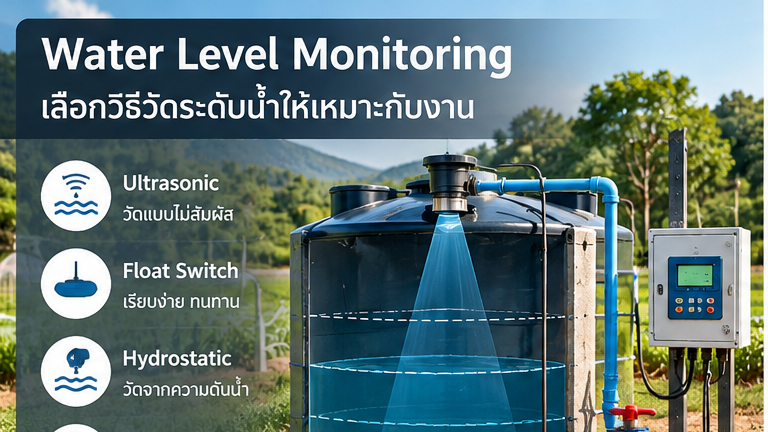 ภาพ Water Level Monitoring แสดงถังเก็บน้ำพร้อมแนวคิดการวัดระดับด้วย Ultrasonic, Float Switch และ Hydrostatic Level Sensor สำหรับระบบ IoT และ Automation