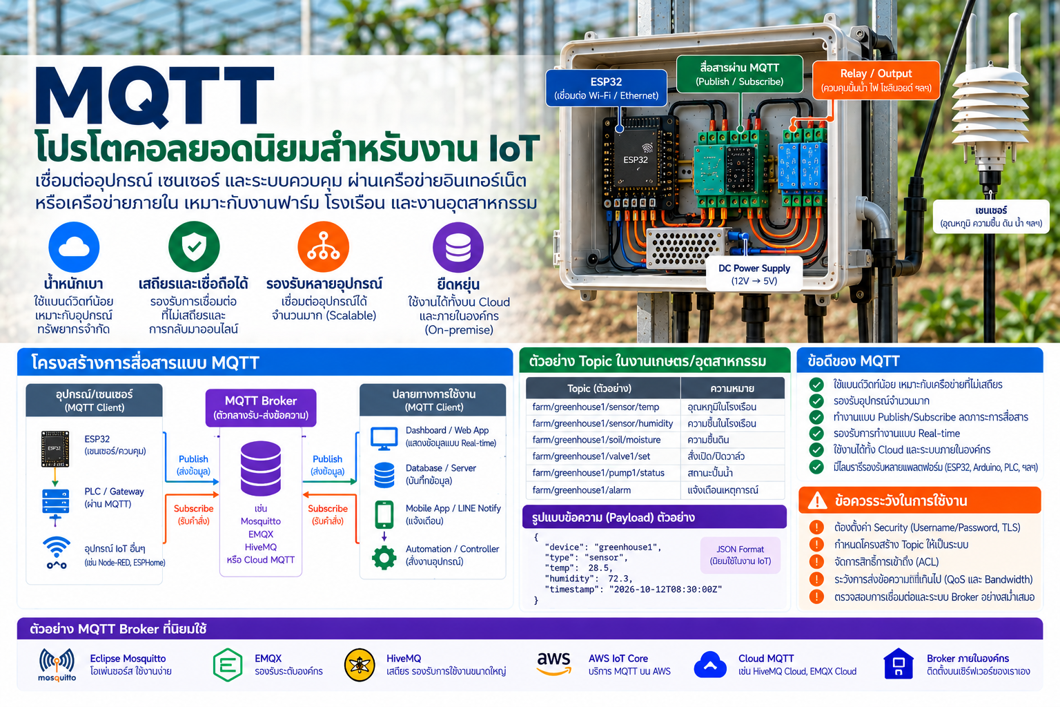 ภาพ MQTT สำหรับงาน IoT แสดง ESP32/อุปกรณ์ภาคสนาม publish ข้อมูลผ่าน MQTT Broker ไปยัง Dashboard, Database, Home Assistant และระบบแจ้งเตือน