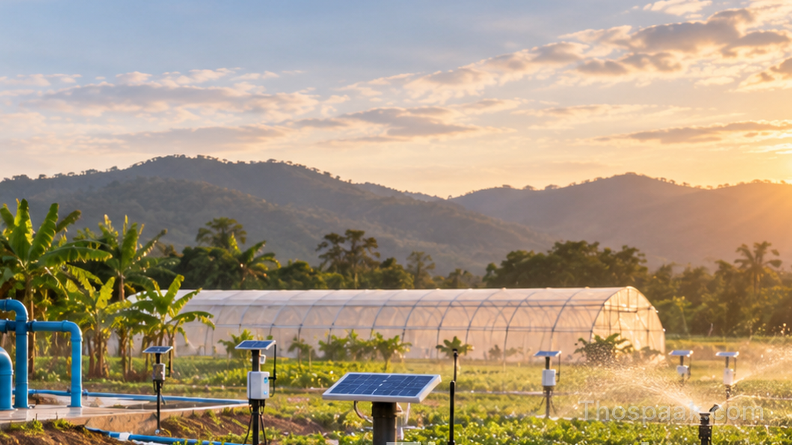 ภาพระบบ Smart Farm ที่ยังมีปั๊ม ท่อ เซ็นเซอร์ และสถานีภาคสนามทำงานในพื้นที่ เพื่อสื่อการออกแบบ local operation และ fallback เมื่อเครือข่ายไม่พร้อม