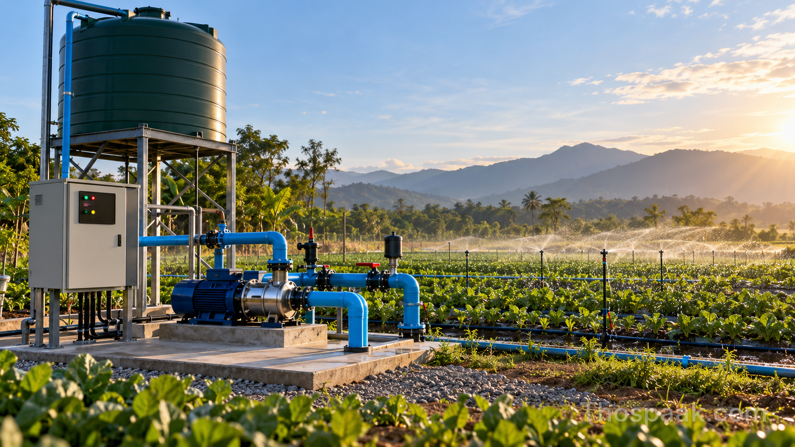 ภาพสถานีปั๊มน้ำและวาล์วของระบบ Smart Farm ที่เชื่อมท่อหลักกับแปลงให้น้ำและอุปกรณ์ควบคุมภาคสนาม