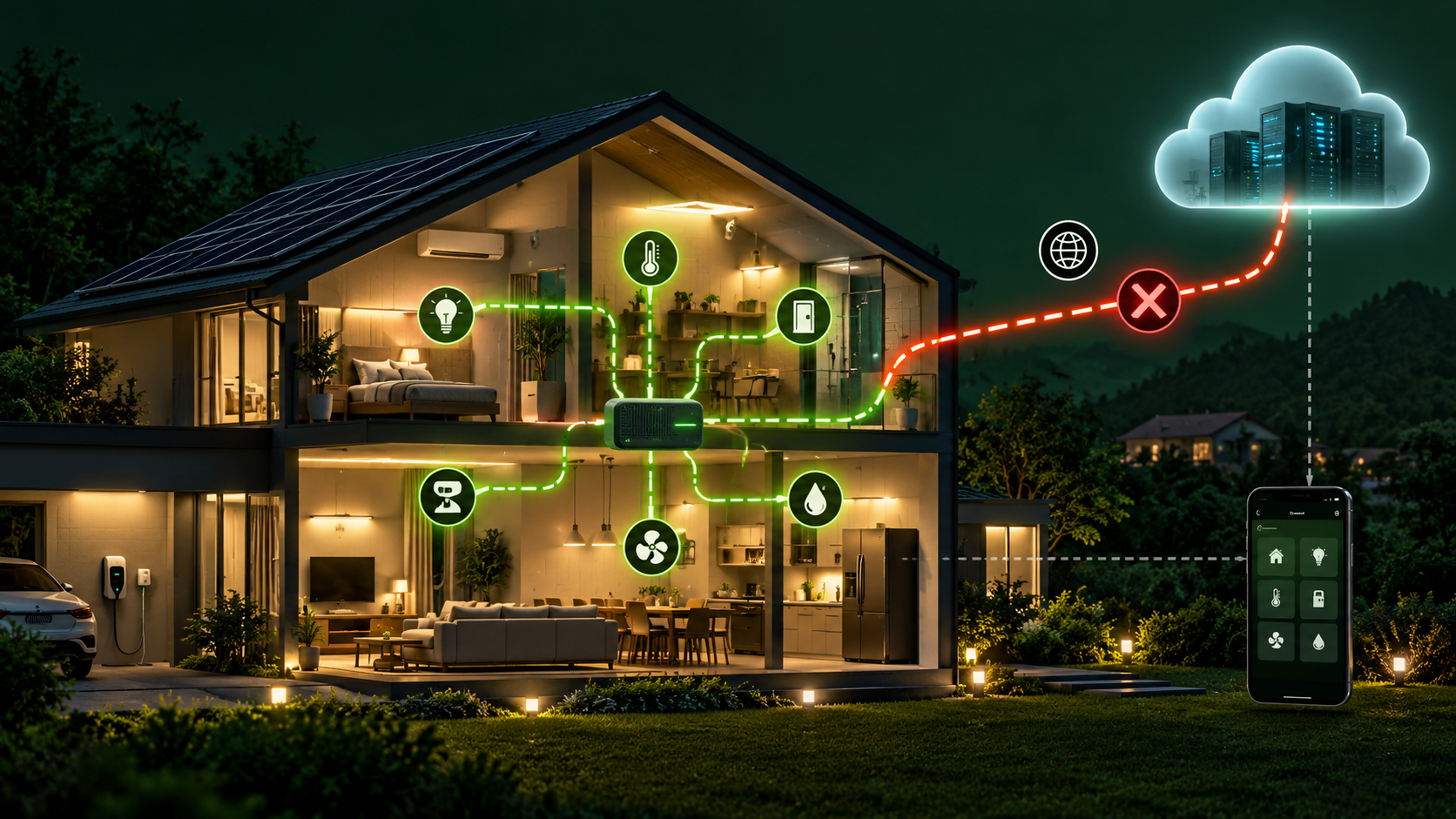 ภาพบ้านอัจฉริยะที่อุปกรณ์ภายในยังเชื่อมกับ Local Controller ได้แม้เส้นทาง Internet ไป Cloud ถูกตัด