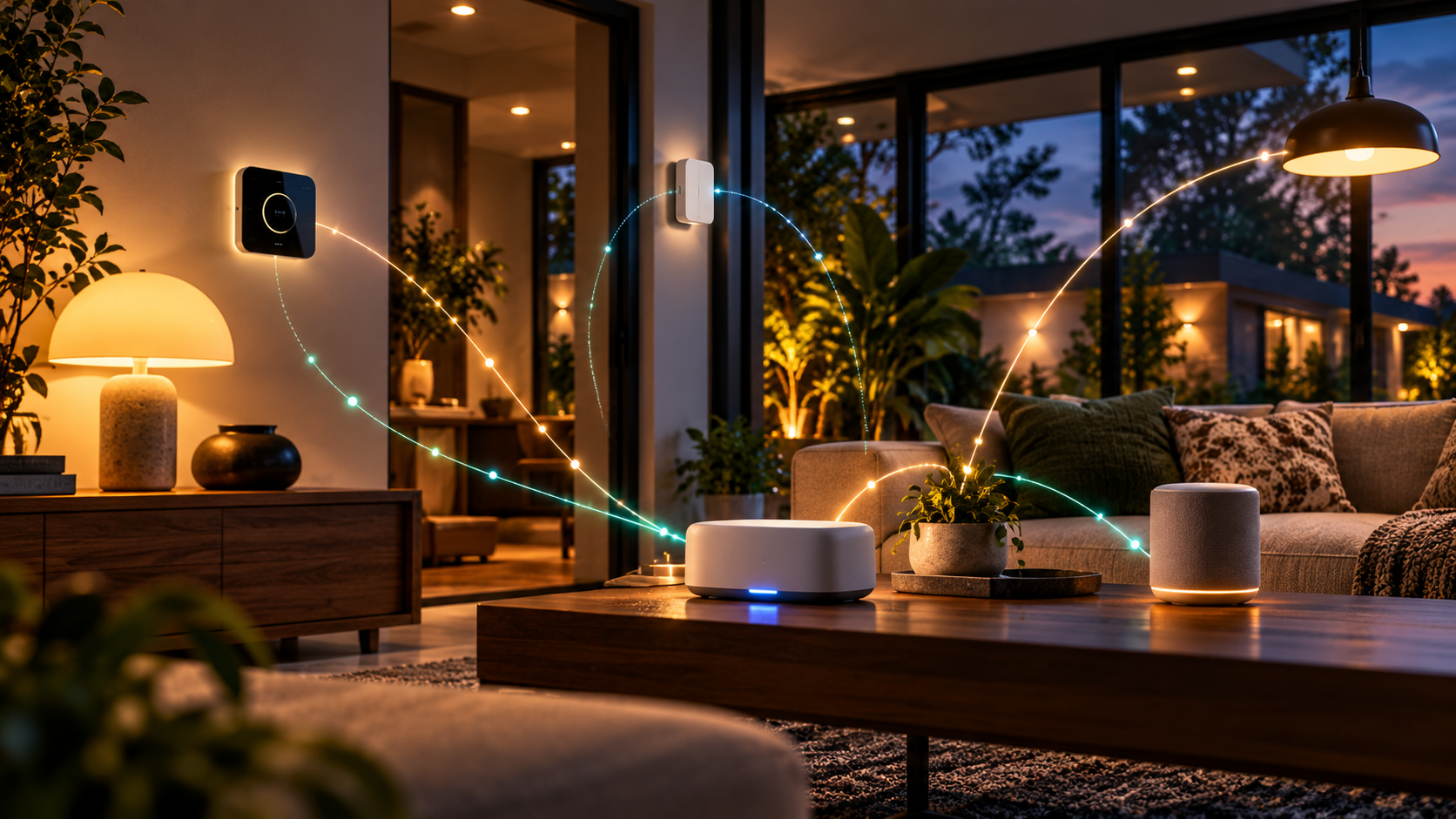 ห้องนั่งเล่น Smart Home ที่มี hub และอุปกรณ์หลายชนิดเชื่อมต่อกันด้วยสัญญาณไร้สายเชิงนามธรรม