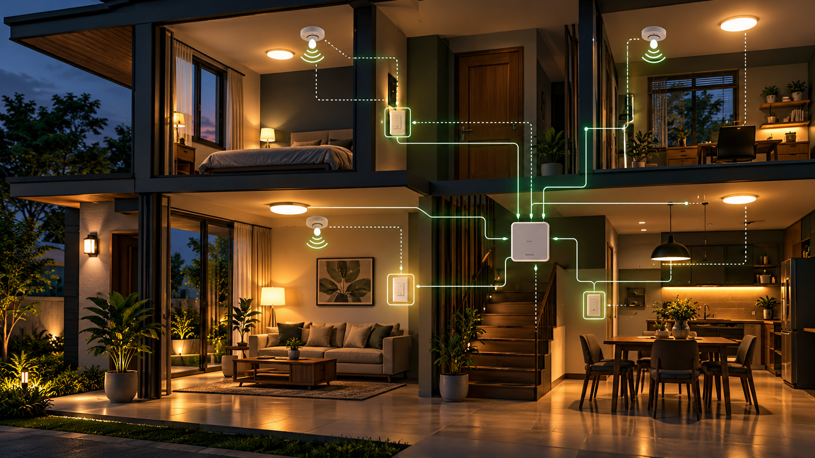 ภาพบ้านหลายห้องที่สวิตช์ไฟและเซนเซอร์ตรวจจับการอยู่เชื่อมเข้ากับ Local Controller เพื่อควบคุมไฟแต่ละโซน